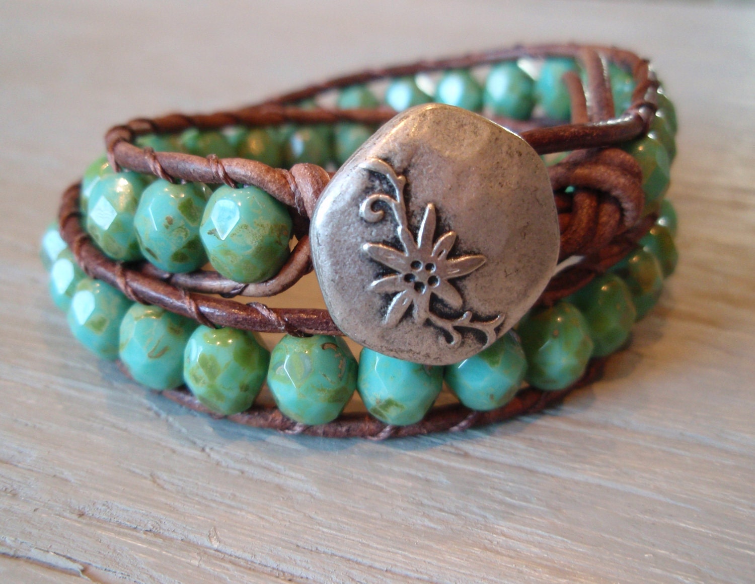 Beaded leather wrap bracelet - turquoise, silver, "Rustic Bohemian" distressed brown leather, fall autumn boho chic