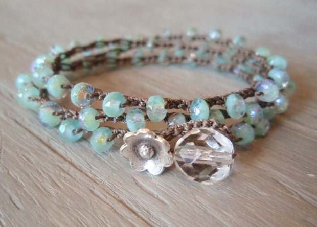 Boho beaded crochet necklace / 3x bracelet / 2x anklet - Laguna Beach - Thai Silver, bohemian, seafoam green, Shabby surfer chic, summer