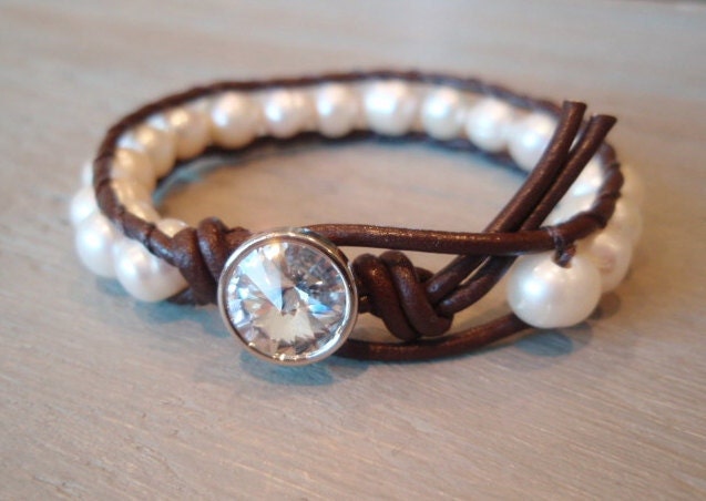 Freshwater pearl leather wrap bracelet - Diamonds & Pearls - luxe ivory white pearls, dark brown leather, rhinestone, bohemian jewelry