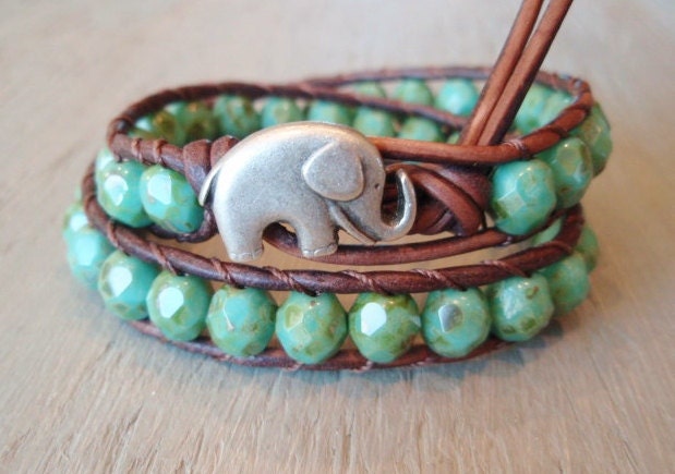 Bohemian leather wrap bracelet - green turquoise, silver, "Rustic Baby Elephant" distressed brown leather, good luck charm, lucky boho chic