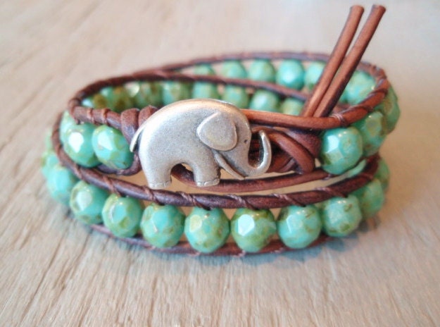 Bohemian leather wrap bracelet - green turquoise, silver, "Rustic Baby Elephant" distressed brown leather, good luck charm, lucky boho chic