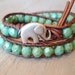 Bohemian leather wrap bracelet - green turquoise, silver, "Rustic Baby Elephant" distressed brown leather, good luck charm, lucky boho chic