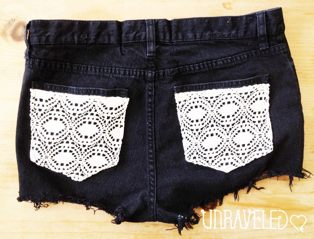 High Waisted Jeans Shorts, Lace Pockets (Size MEDIUM-LARGE)