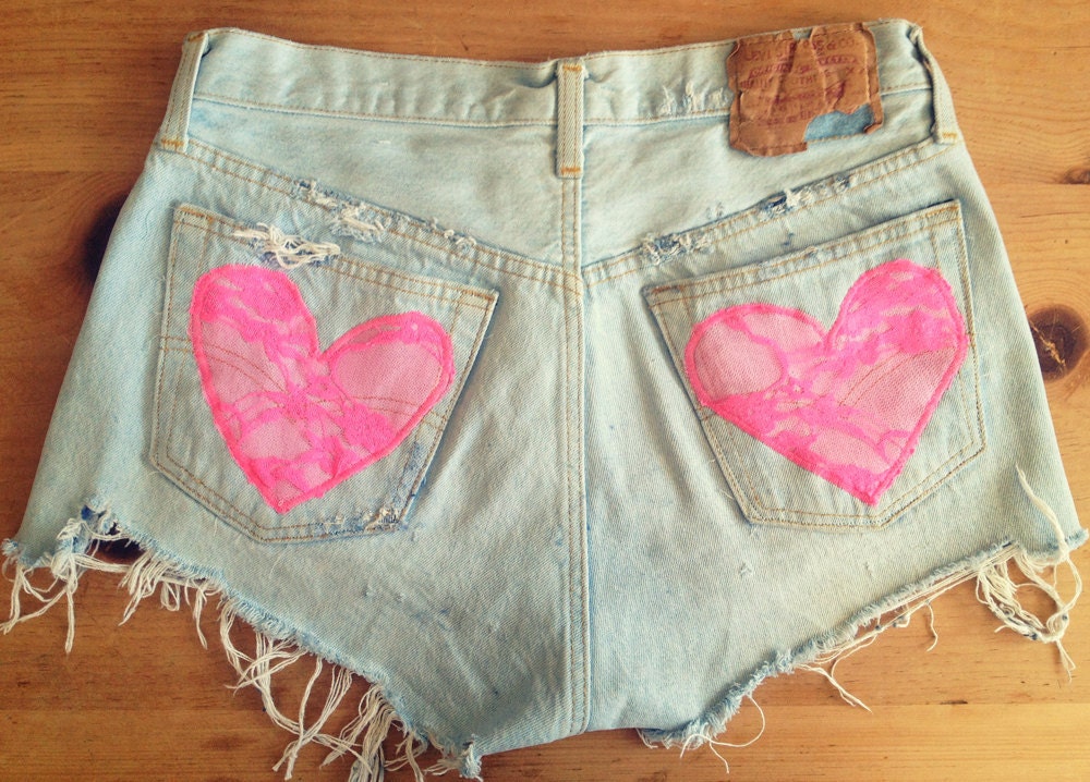 High waist denim shorts, lace heart pockets (Size MEDIUM)