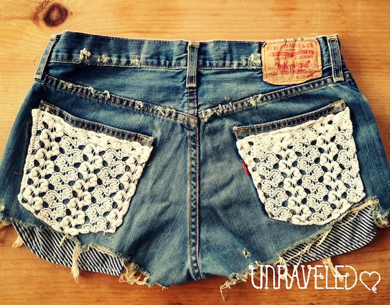 Levis Denim Shorts, Lace Pockets (Size MEDIUM to LARGE)