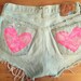 High waist denim shorts, lace heart pockets (Size MEDIUM)