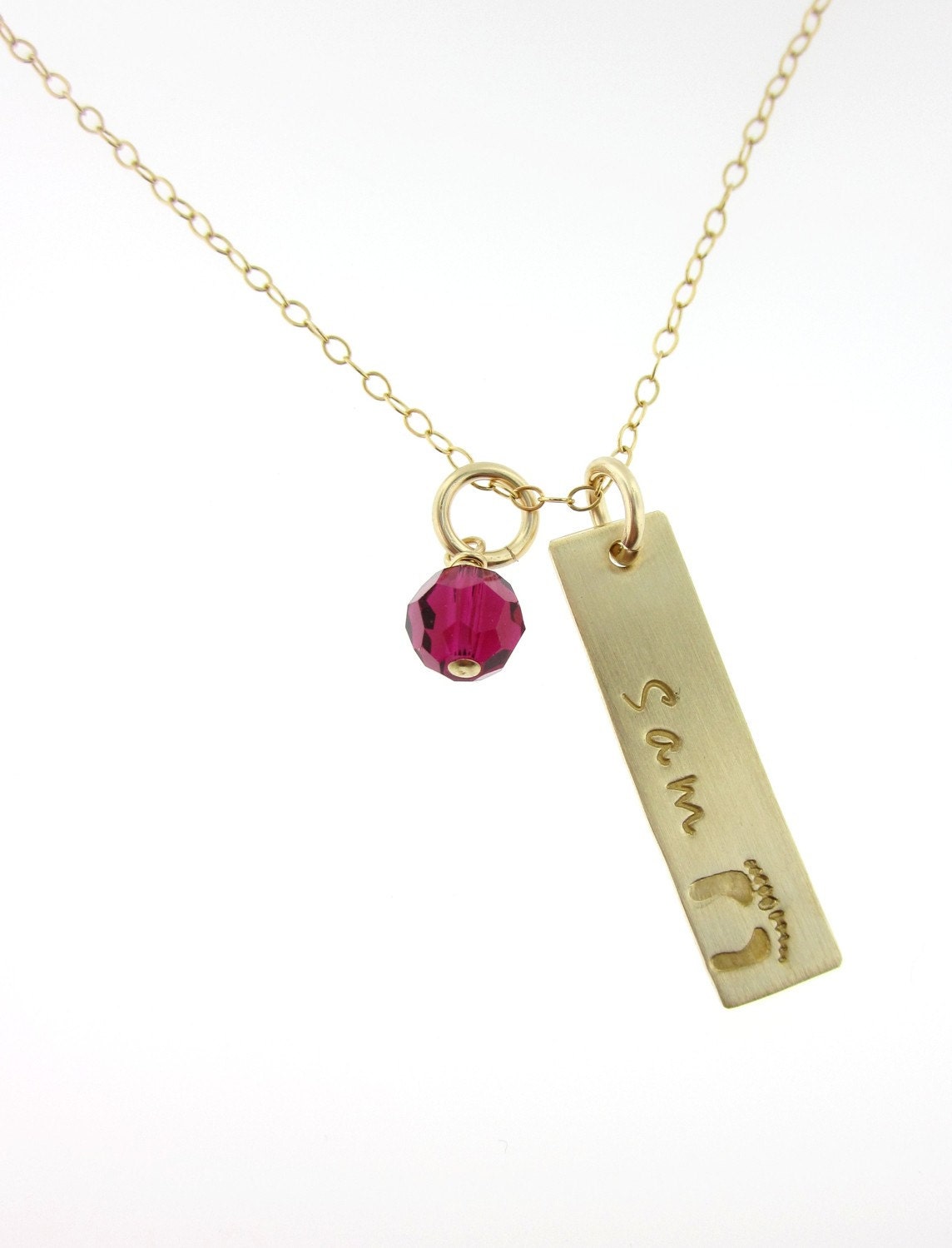 Hand Stamped One name 14K Gold Filled Charm Necklace with baby feet stamp and birthstones