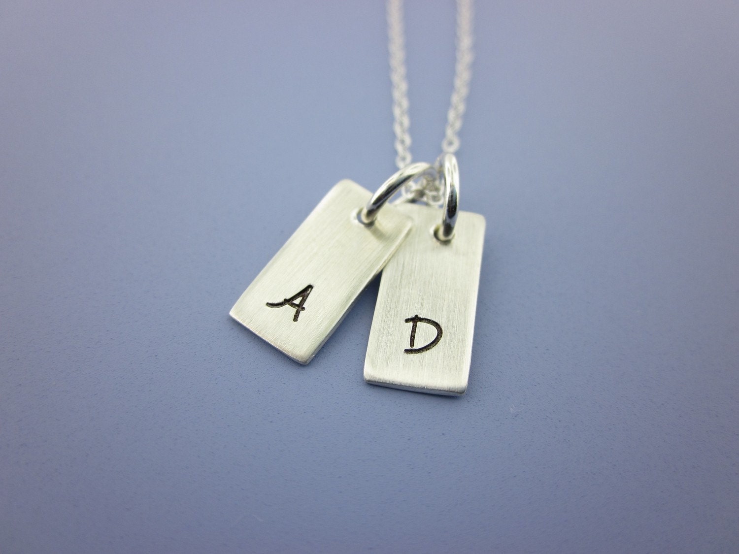 Hand Stamped Petite Rectangle Initials Charms Necklace Sterling Silver