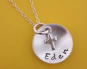 Hand Stamped One name Domed Sterling Silver Disc necklace with tiny cross