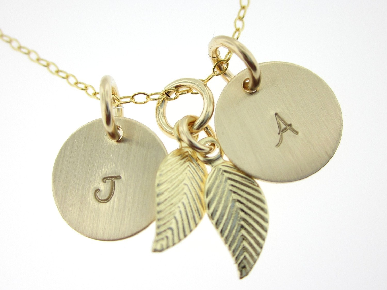 14K Gold Filled Disc Initals Necklace with leaf charms