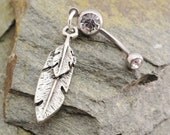 Feather Belly Button Jewelry, Silver Tribal Feather Barbell Navel Piercing