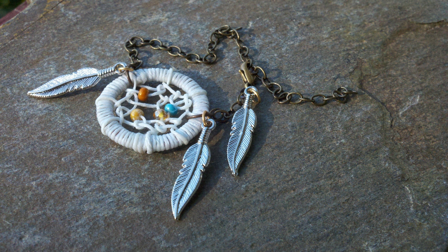 White Dream Catcher Bracelet with Feathers