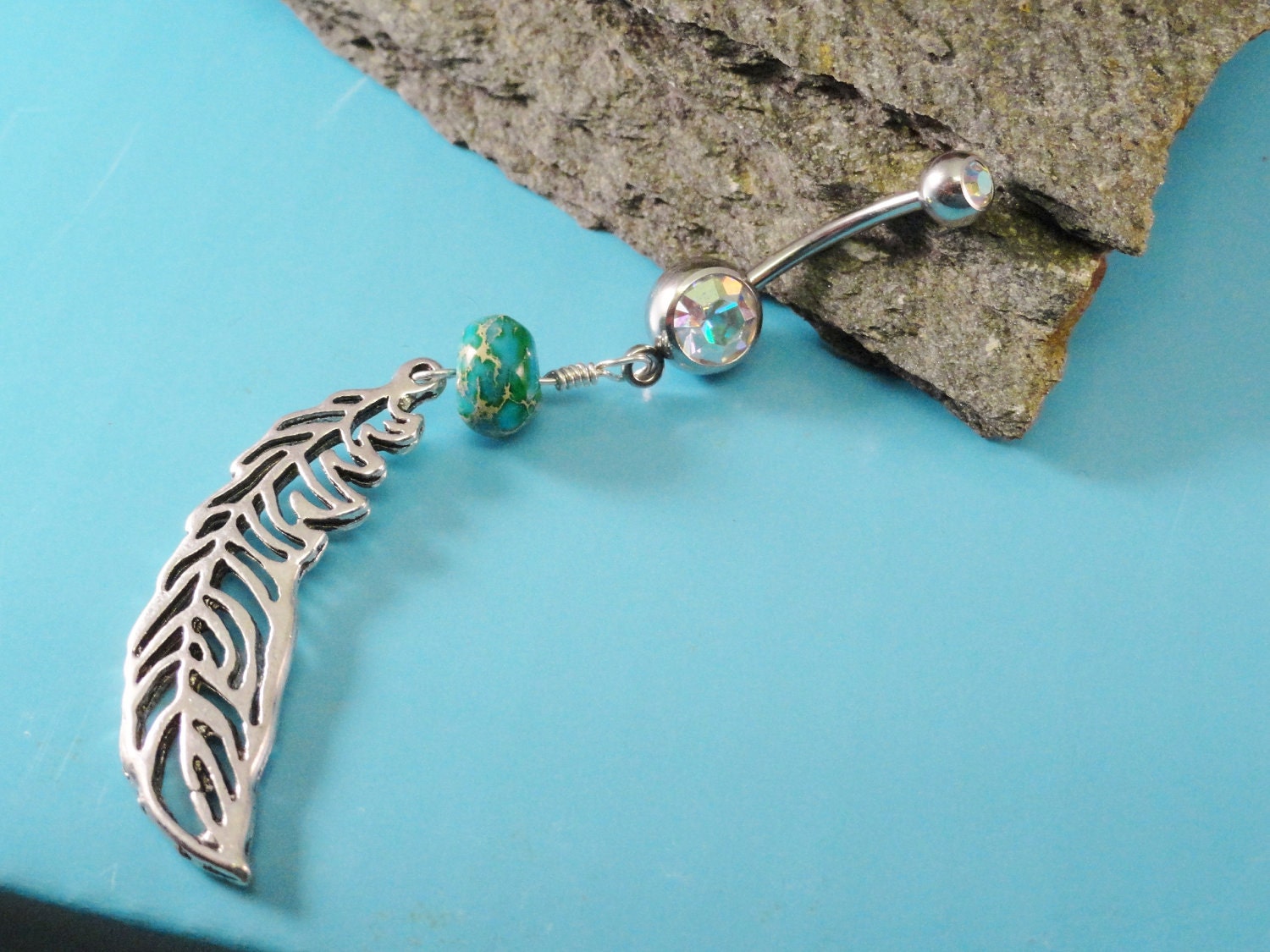 Feather Belly Button Ring with Green Jasper, Silver Feather Barbell Navel Piercing