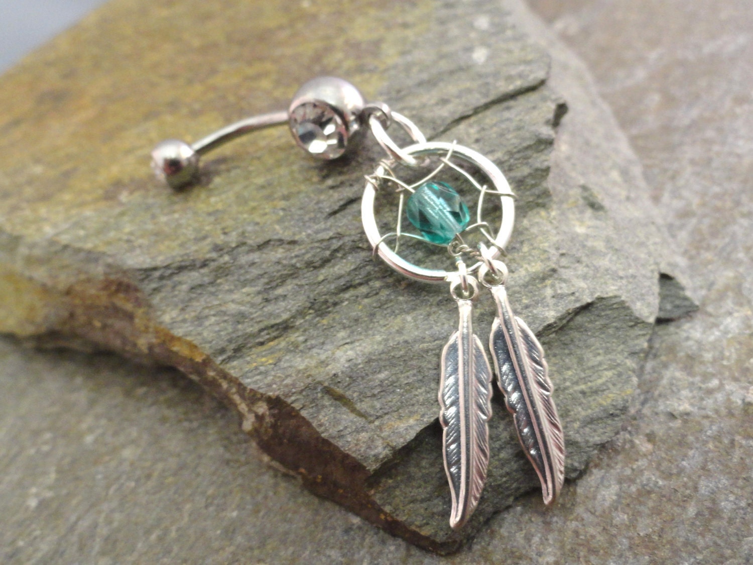 Teal Dream Catcher Belly Button Ring Double Silver Feathers Navel Jewelry Piercing