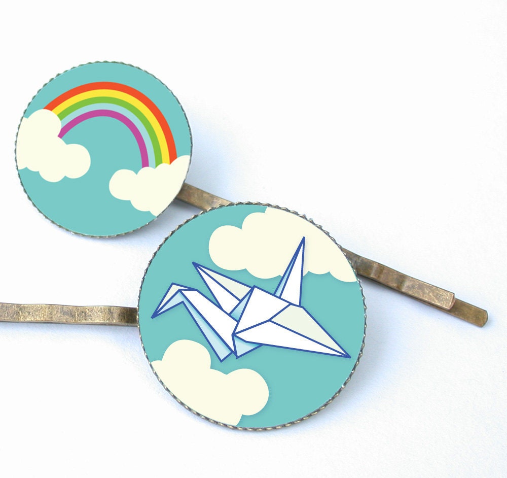 Origami Crane and Rainbow hair pin duo with lovely illustrations
