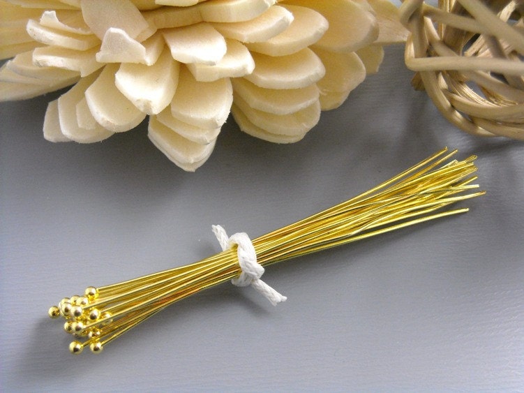 HEADPIN-GOLD-26G-50MM - 26 gauge 14K Gold Plated Ball End Headpins 50mm long (2 inches) Nickel Free...50 pcs