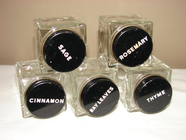 Vintage Spice Jars with Black Metal Screw-on Lids Square Spice Bottles