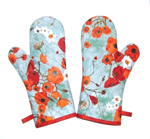 Oven Mitts - Poppies on Teal - Gift for Foodie - Gift Under 30