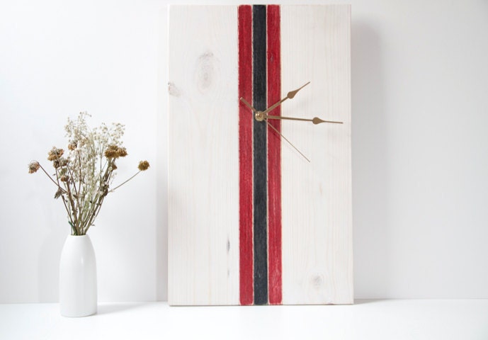 Mid Century Modern Clock Wooden, white, red, black - ArtGlamourSligo