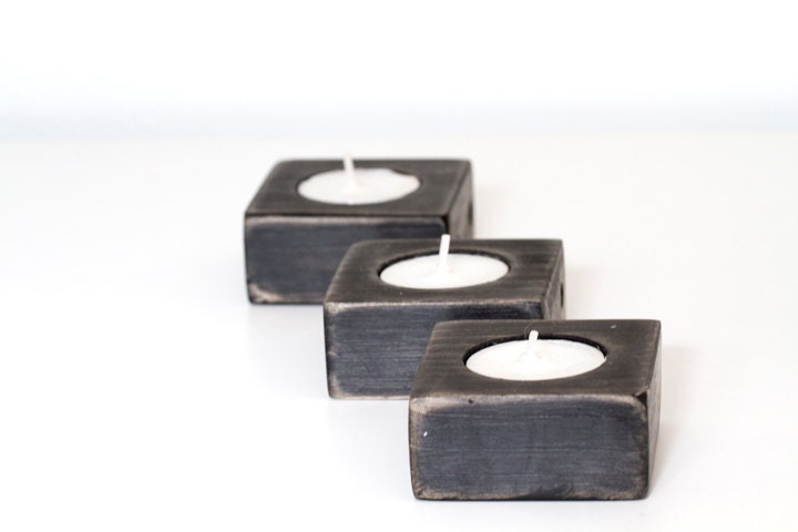Mid Century Candle Holders Ebony Black wooden Tea Light set of 3