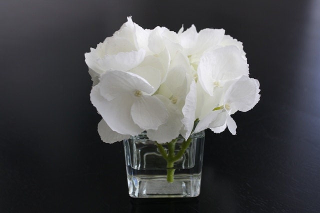 Fine Silk Floral Arrangement Wedding Party Favor Faux White Hydrangea In Square Votive with Illusion Faux Water - SkyDesignsUSA