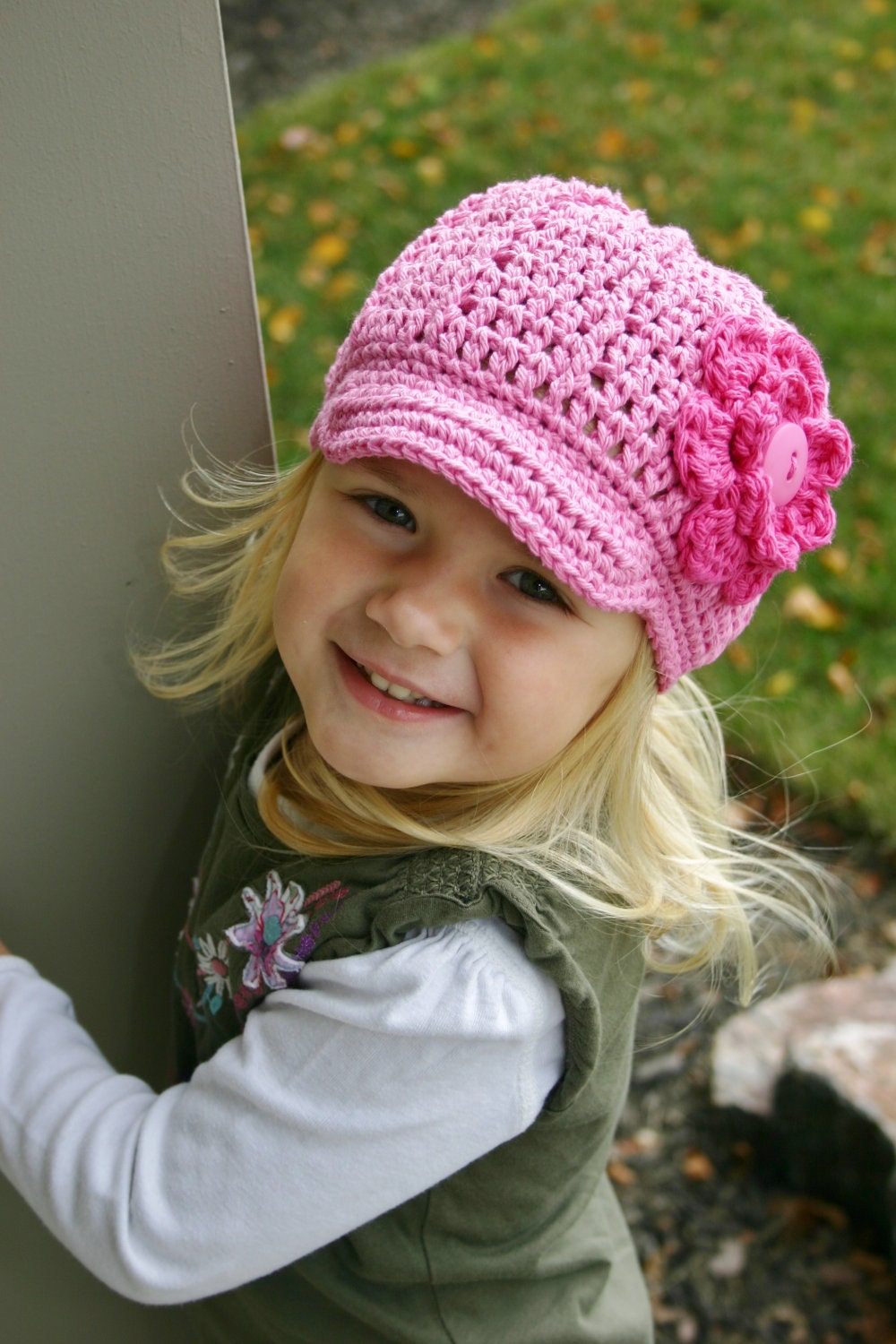 20" Girls Pink Beanie Hat with Fuschia Flower and Button