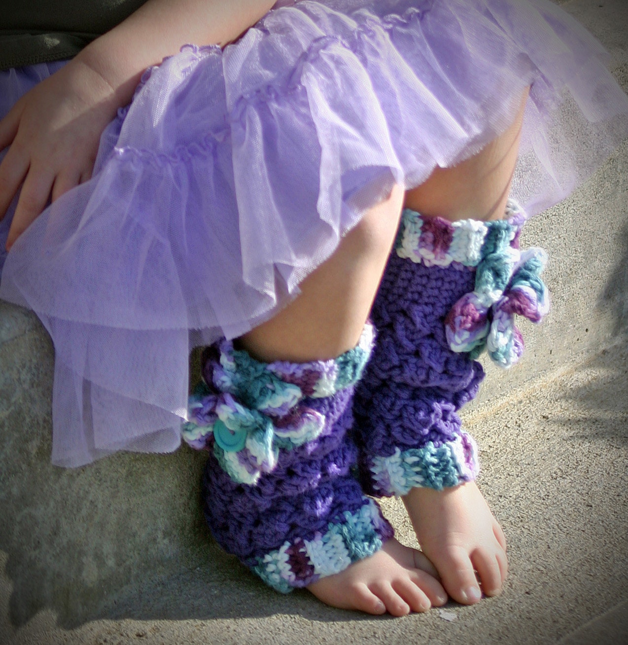 Girls Lavender Leg Warmers accented with Purple and Turquoise Trim with beautiful matching flower and turquoise button