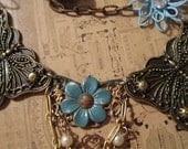 Come to my french paris garden party grapes butterflies flowers blue gold toned OOAK necklace assemblage vintage