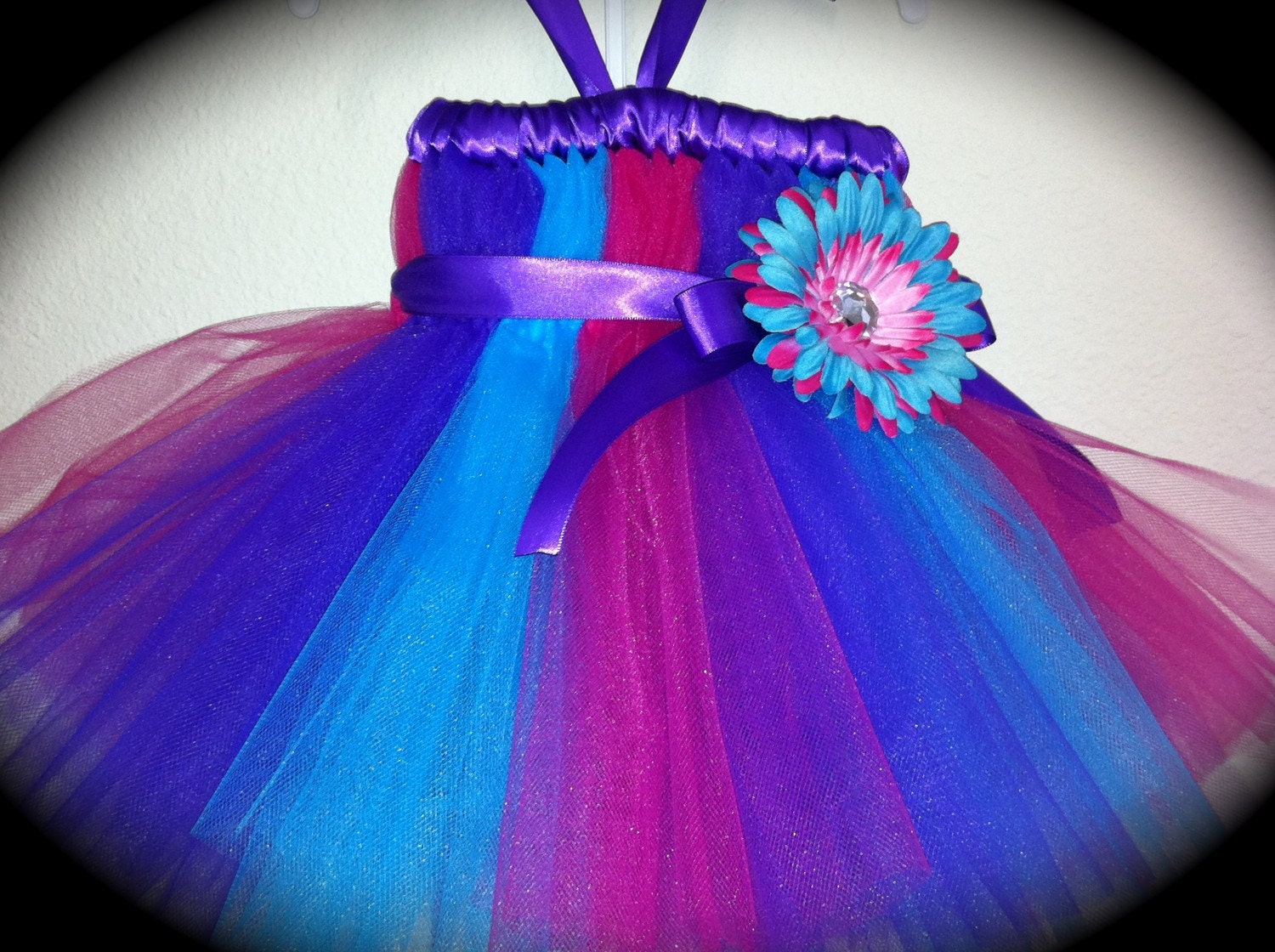 Fushia and Purple Empire Waist Tutu Dress w/ flower - Great for Twins, Weddings, Birthdays, Holidays, Photos, and more