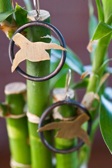 In Flight Bird Earrings- Copper Brass and Sterling Sliver Hoops