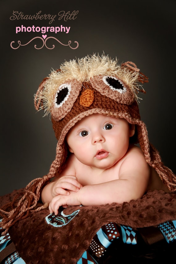 The Owl Hat Natural color 0-1, 2-3 and 3-6 mo -- great photo prop or perfect gift for Baby Shower