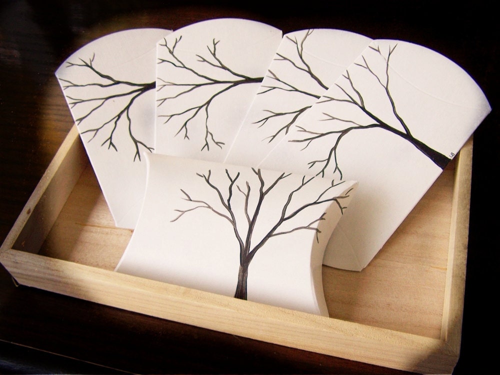 Tree Pillow Boxes -Handpainted -Black and White Wedding Decoration -Damask Wedding -Fall Wedding Accessory -Winter Wedding -SALE