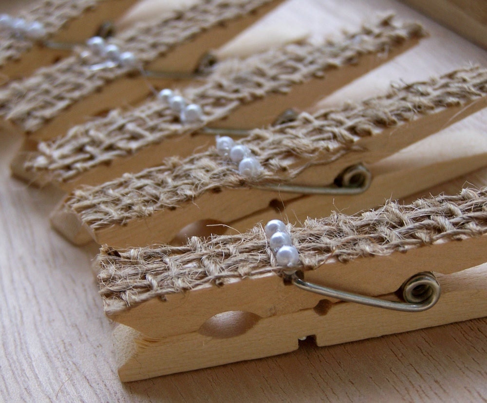 Burlap and Pearl Clothespins -DIY Wedding Accessory -Country Wedding -Shabby Chic Wedding -Woodland Wedding