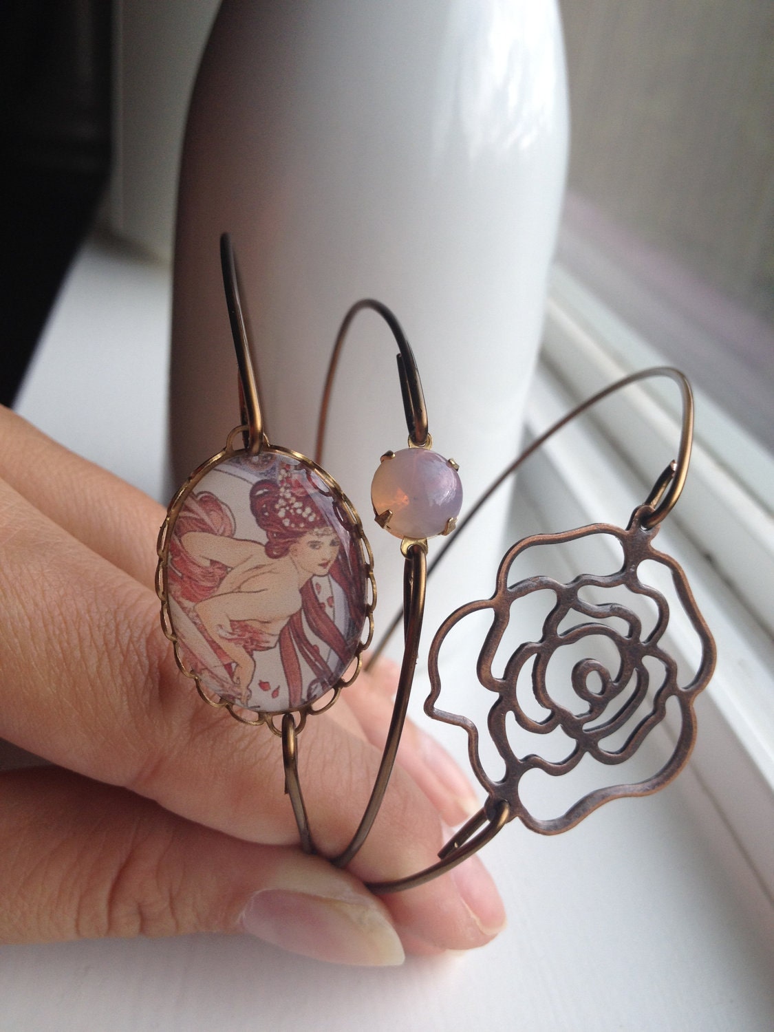 Beauty and The Rose-Bronze Bangle Set with Mucha Cabochon, Rose, and Opal Bead, BOHO, Set of Three SALE