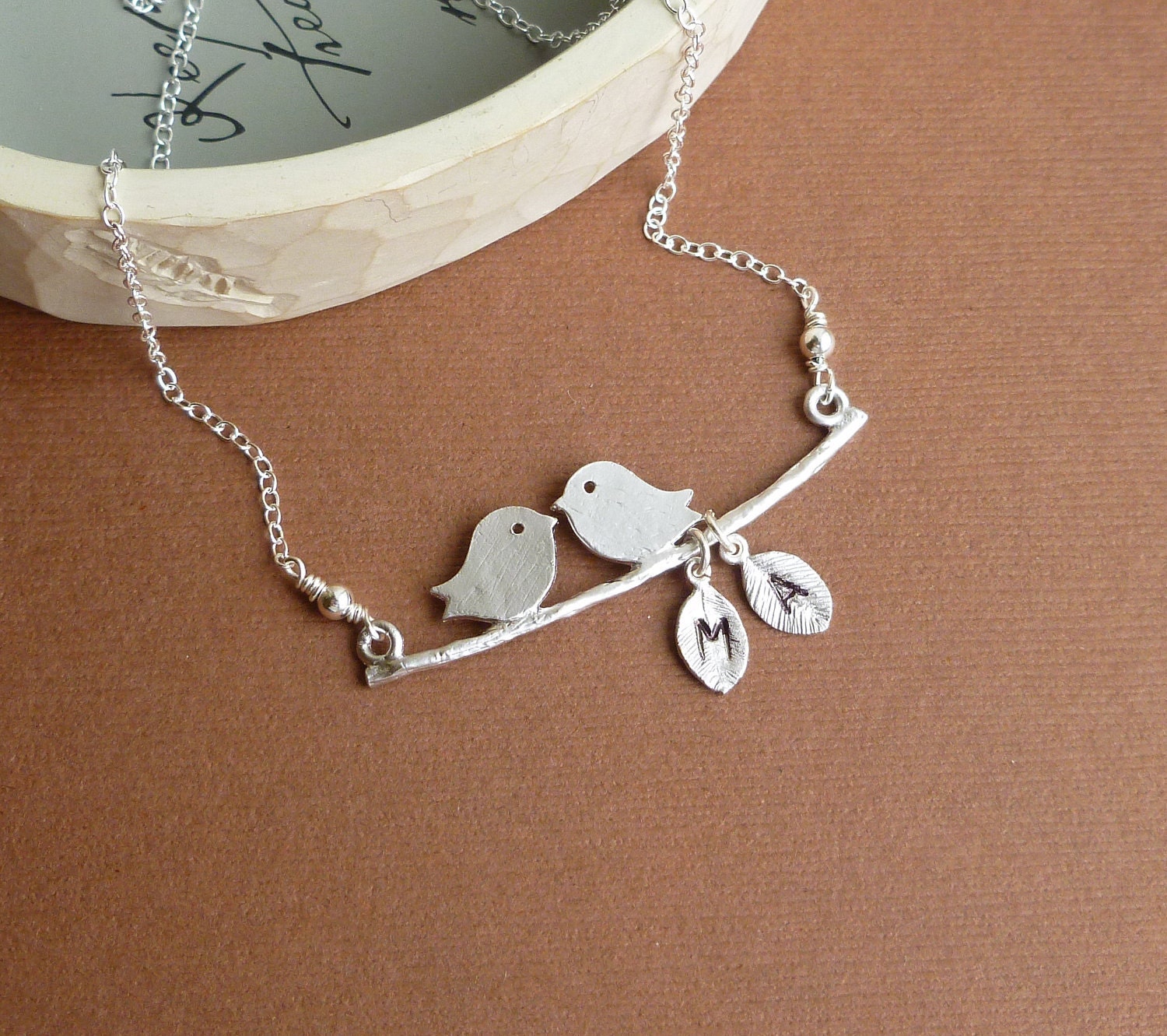 Love Birds with Initial Leaves and Sterling Chain -- Silver Necklace