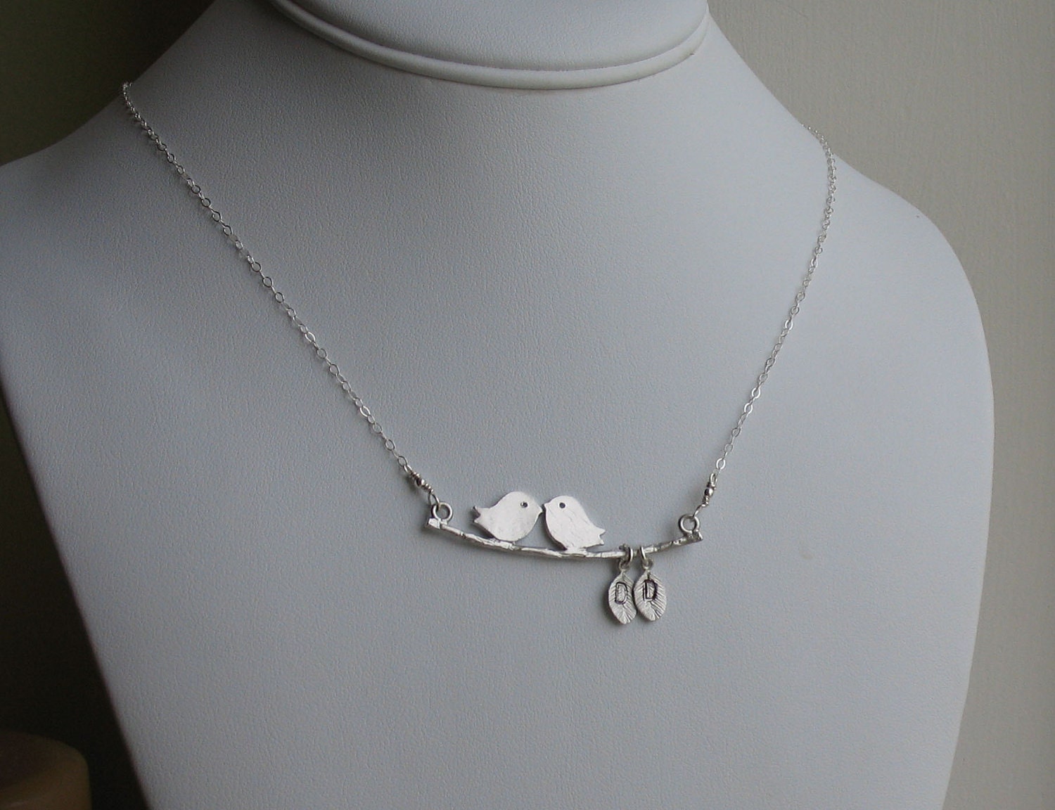 Love Birds with Initial Leaves and Sterling Chain -- Silver Necklace