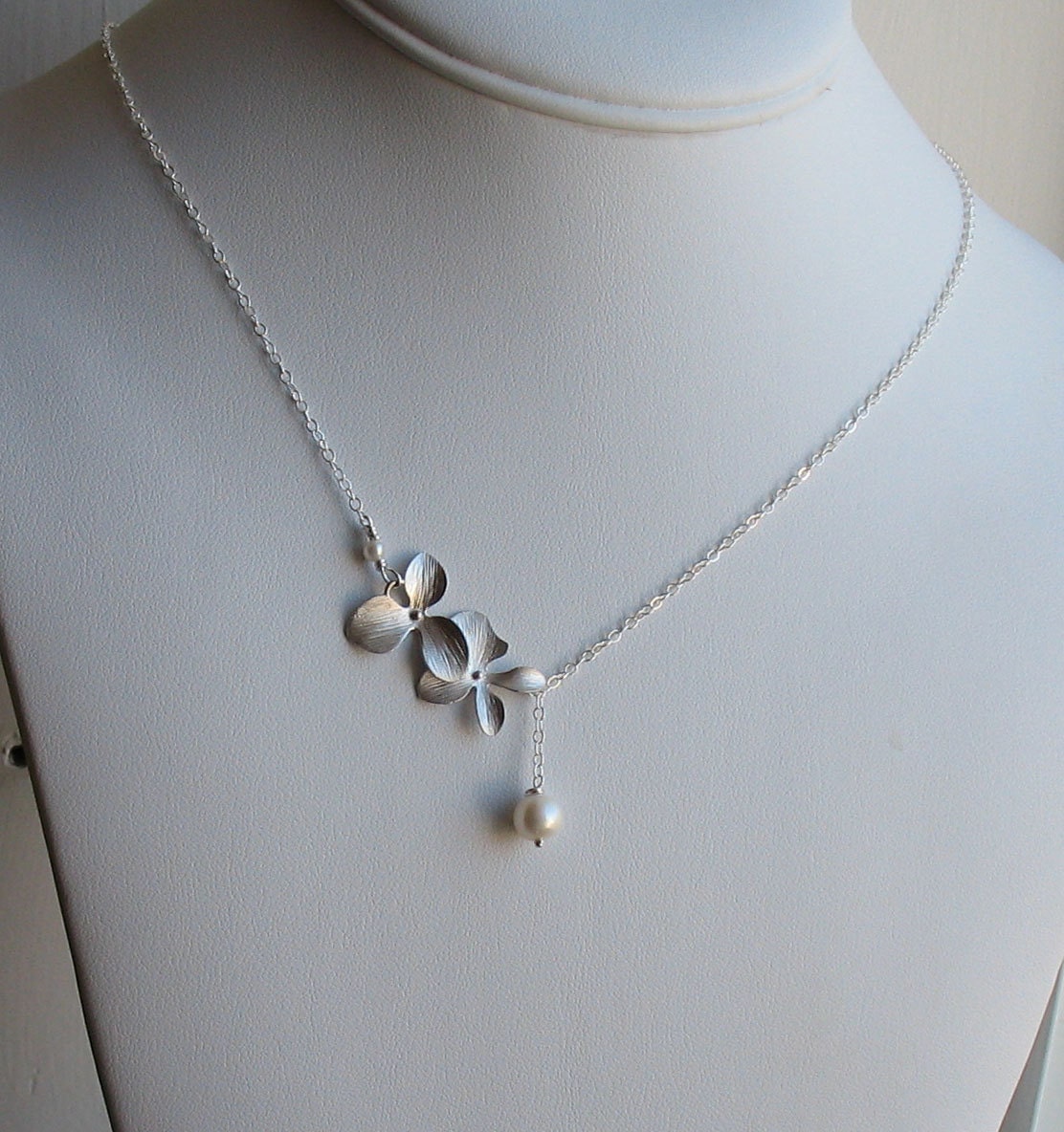 Two Silver Orchids and Ivory Freshwater Pearl with Sterling Silver Chain -- Silver Necklace