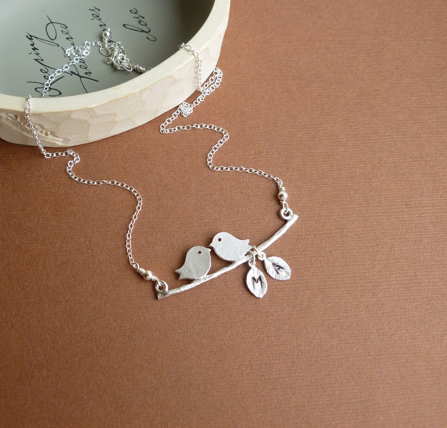 Love Birds with Initial Leaves and Sterling Chain -- Silver Necklace
