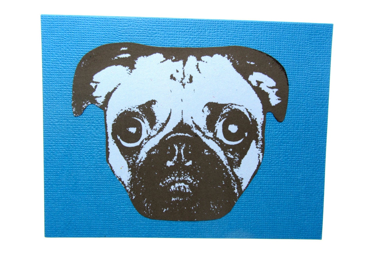 Blue Litho-Pug Notecard  -- Great gift for a Pet-Lover -- Card and Envelope -- Ready to Gift or Use--Blank Inside