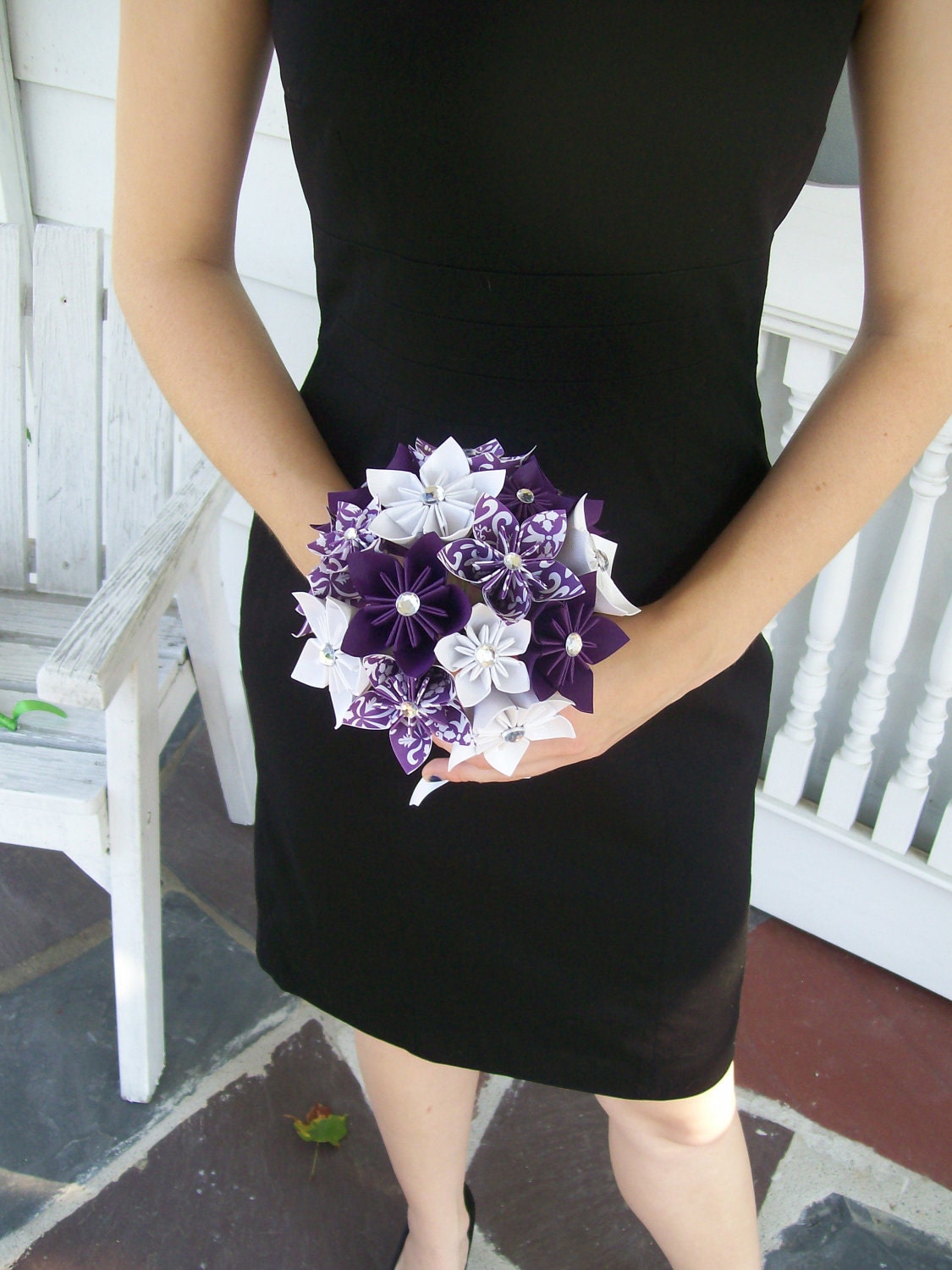 Paper Wedding Flowers Custom Bridesmaid Bouquet -  Kusudama - Origami - Purple - Damask