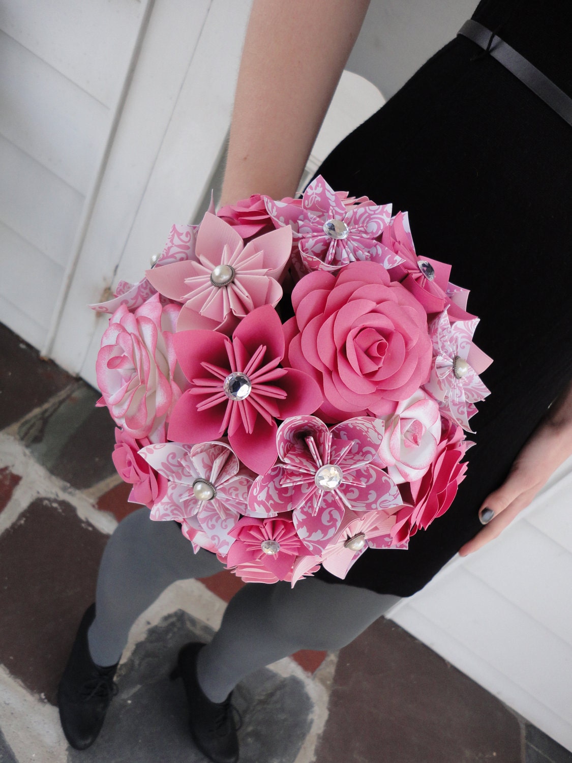Large Rose Paper Flower Bridal Bouquet Wedding - Kusudama Origami Paper Rose Pink
