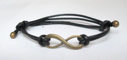 Antique Gold Infinity Bracelet with Black Leather Cord