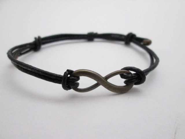 Antique Gold Infinity Bracelet with Black Leather Cord