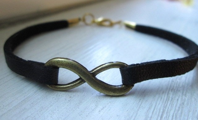 Black or Brown Flat Leather with Gold Infinity Bracelet