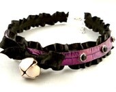 Metallic Purple on Dark Purple Leather Ruffle Ribbon and Bell with Black Crystals Collar Choker Necklace Goth Kawaii Cosplay Fantasy Lolita