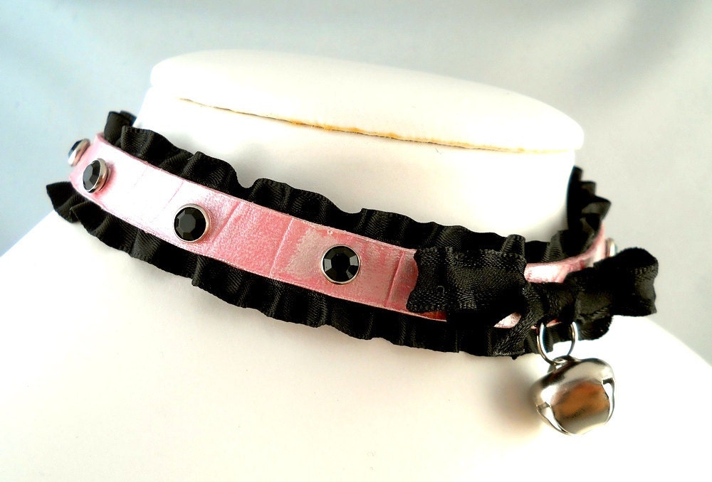 Pink Pearl Leather Black Ruffle Ribbon and Bell with Onyx Crystals Collar Choker Necklace and Cuff Bracelets Goth Kawaii Cosplay Lolita