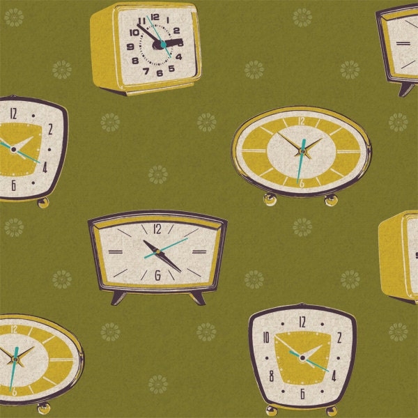 Ruby Star Shining by Melody Miller for Kokka - Clocks in Green - 1 Yard