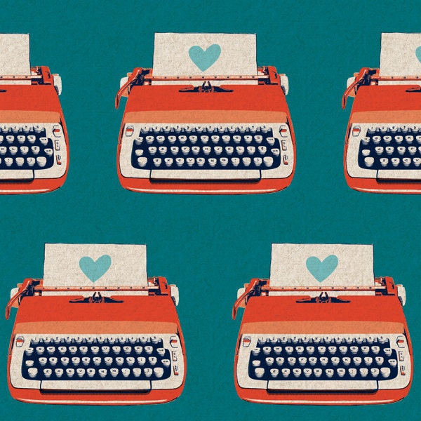 17 INCH PIECE - Ruby Star Shining by Melody Miller for Kokka - Typewriters in Blue