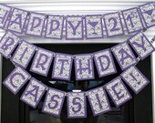 personalized birthday party banner - example of 21st birthday party banner with purple and black and white damask theme
