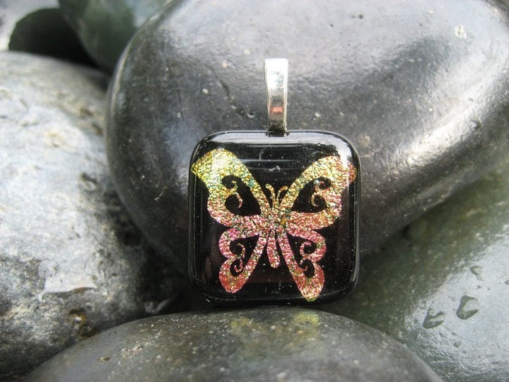 Pink and gold butterfly dichroic fused glass pendant